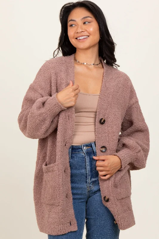 Taupe Fuzzy Knit Oversized Button Up Cardigan Fitted Slim Tailored