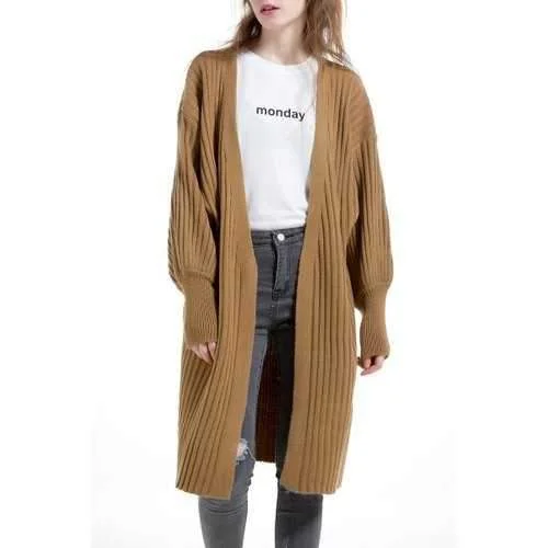 Long Open Front Knit Cardigan - Camel One Size Tailored Straight A-Line