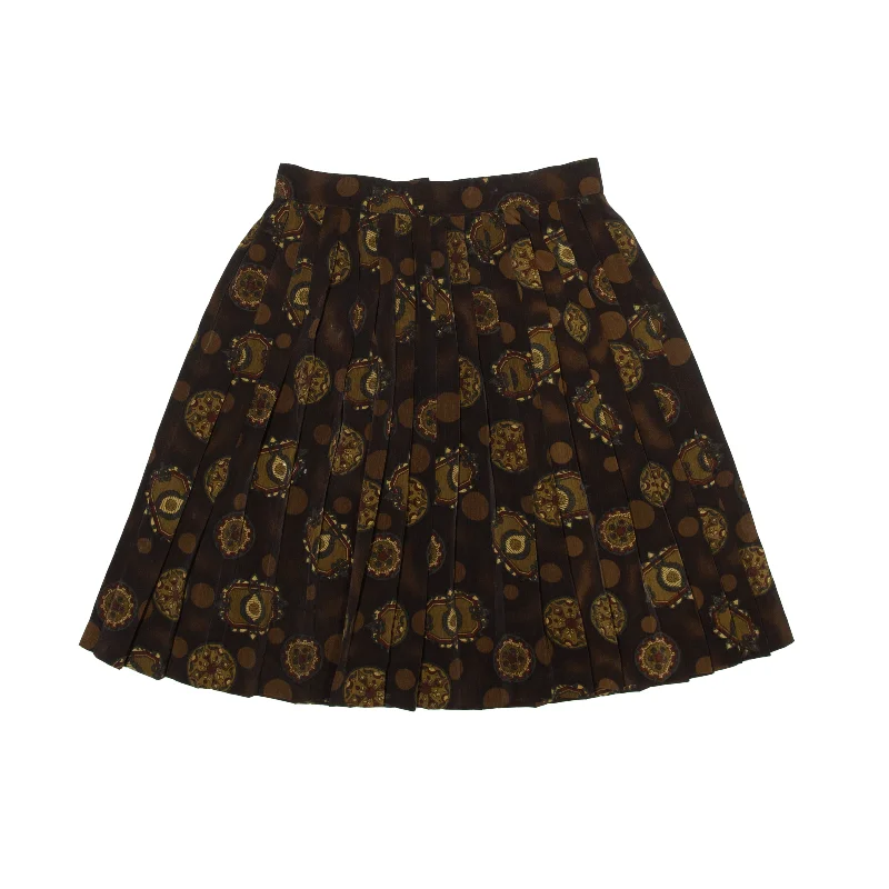 Vintage Knee Length Pleated Skirt Brown 80s Spotted Womens UK 14 silk skirt elegant