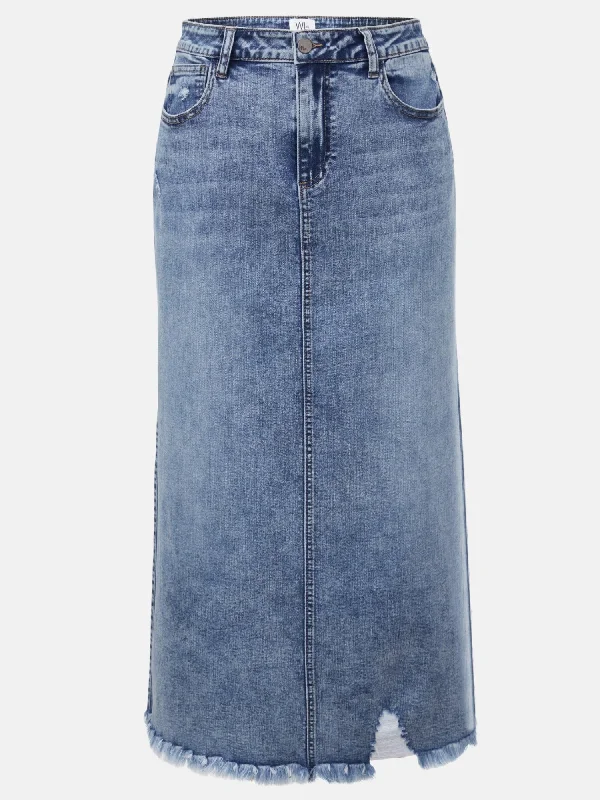 *Demolition Denim Maxi Skirt breathable skirt fabric