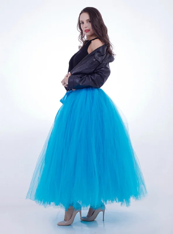 Women Blue Tulle Long Tutu Skirt pleated skirt texture