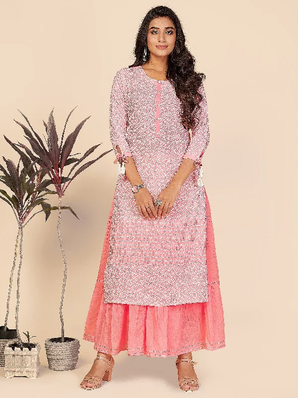 NOZ2TOZ Women's Chikankari Work Straight Cotton Baby Pink Stitched Kurta With Skirt mini skirt trendy