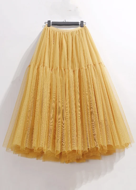 Women Yellow Wrinkled Elastic Waist Tulle Skirt Summer athletic skirt fit