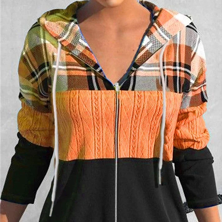 Women's Zipper Cardigan Hooded Plaid Printed Sweater Handmade Hand-knitted Hand-woven