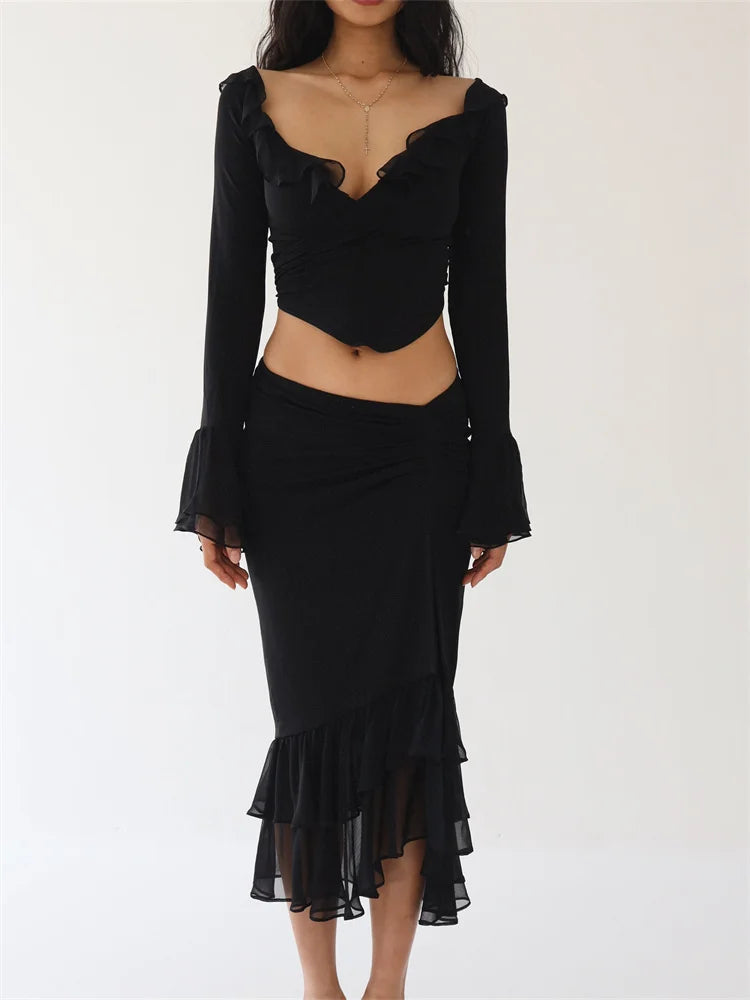 JuliaFashion - Y2K Ruffles Off Shoulder Sheer Mesh Shirts Irregular Hem Split Skirts Suits silk skirt lustrous